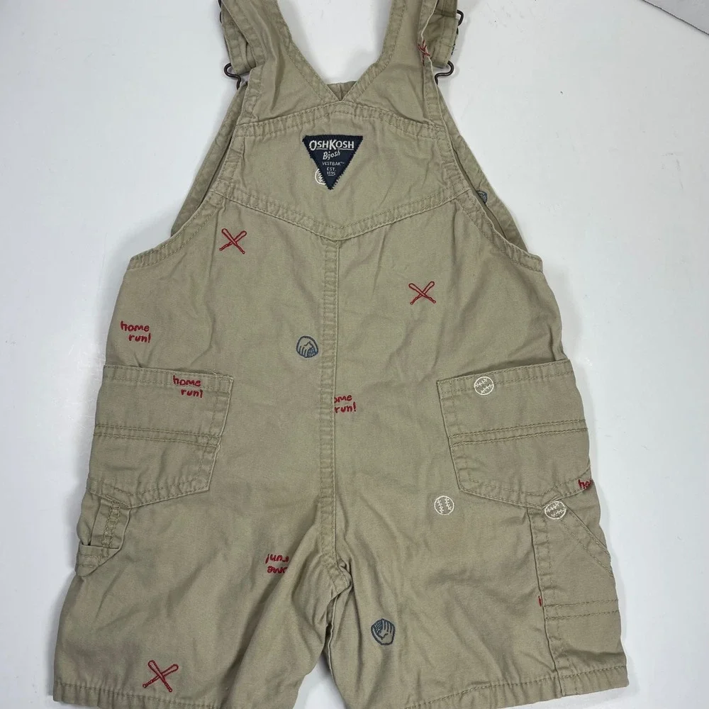 OshKosh B'gosh Baseball Embroidered Shortalls Kids 18-24M Tan Vestbak Overalls